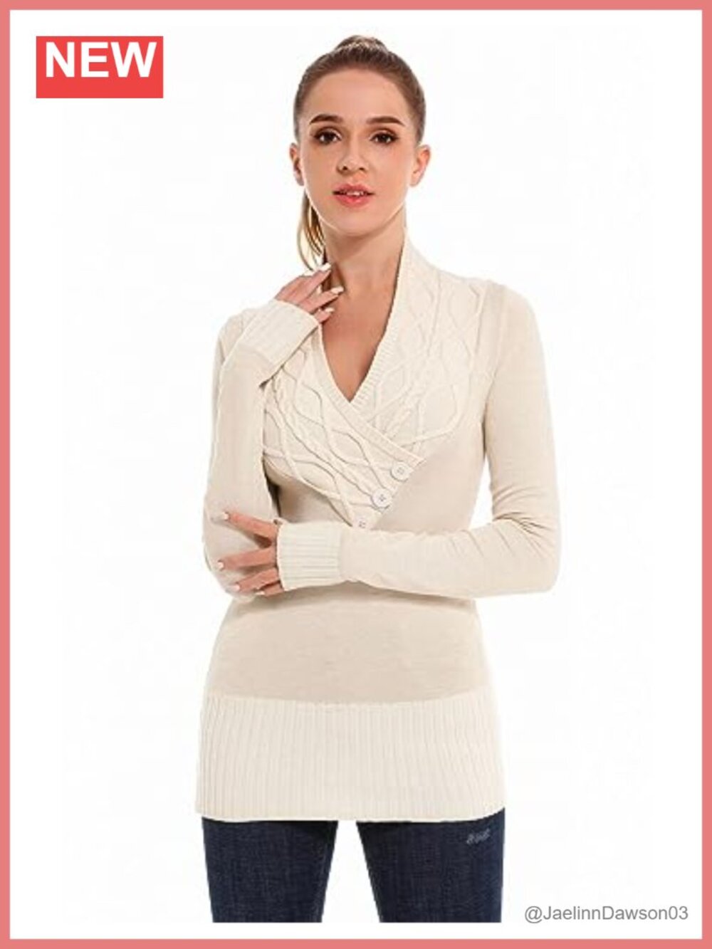 Crossover Cable Knit V Neck Long Sleeve Pullover Sweater Slim Fit